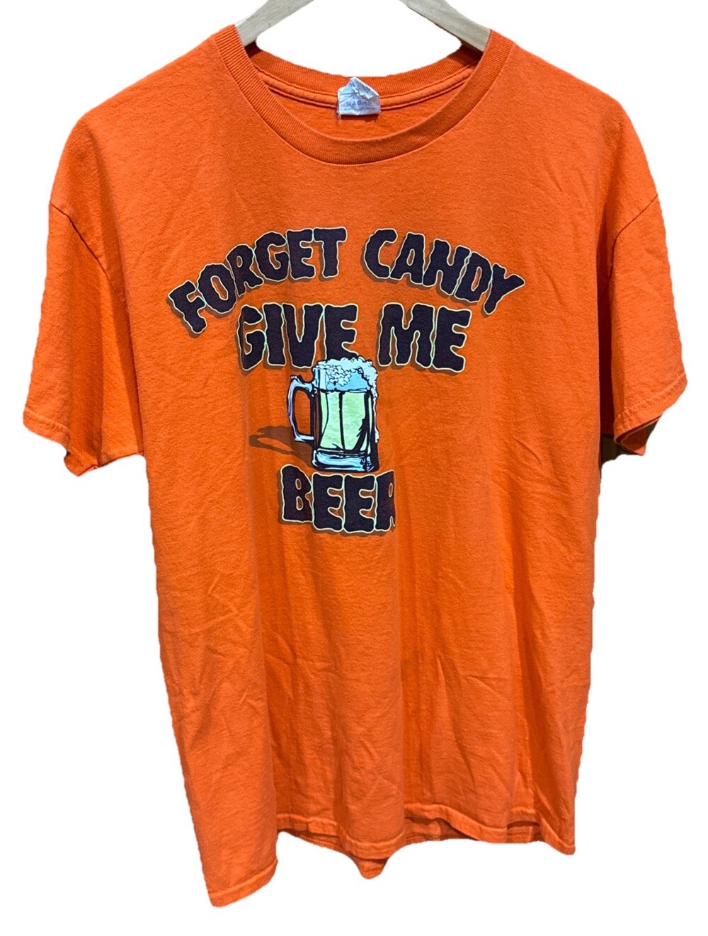 Vtg Orange Halloween Men’s XL T-shirt “Forget Candy Give Me Beer” Funny
